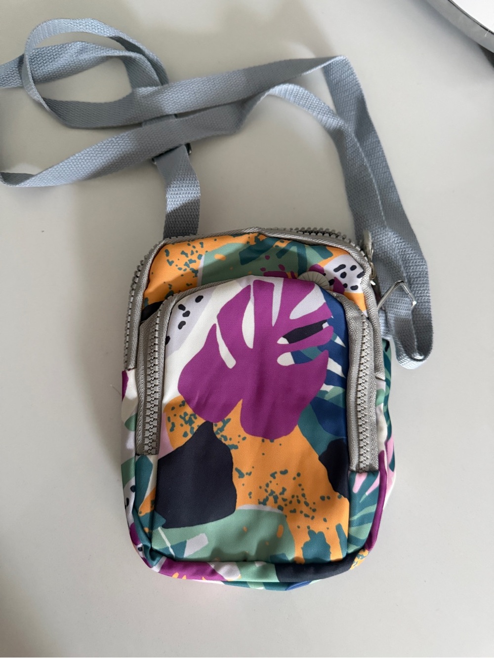 Tropical Print Crossbody Bag in Purple and Mustard